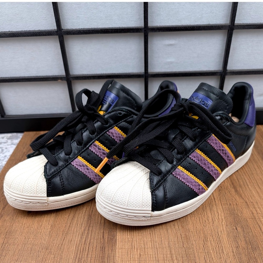 Adidas Superstar Mens Black Purple Gold Leather Lakers Sneakers FZ6475 Size 6